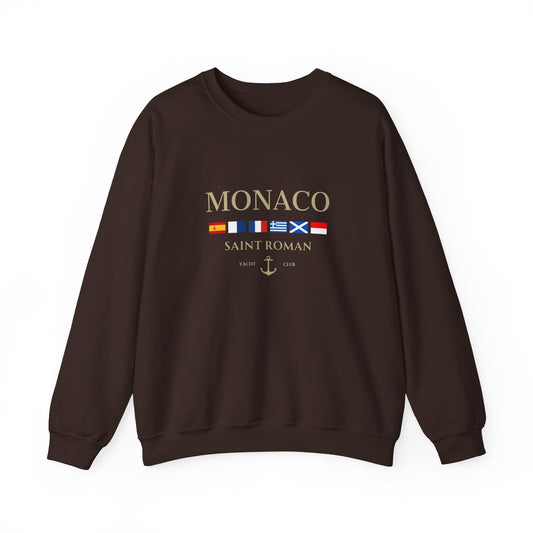 Dark chocolate brown Vandox Monaco Saint Roman Yacht Club crewneck with international flags and anchor graphic on the front and crossed nautical flags with "Yacht Club" on the back. Starboy old money hoodie sweatshirt clothes vandox sacrevandox vandox clothes vandox clothing crewneck