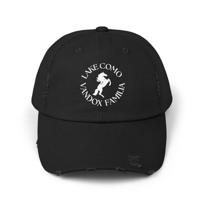 black Vandox Familia Hat with horse graphic surrounded by "Lake Como Vandox Familia" text. Hat Cap Baseball Cap Baseball Hat starboy hat old money hats vandox sacre vandox sacrevandox vandox clothing vintage distressed baseball hat