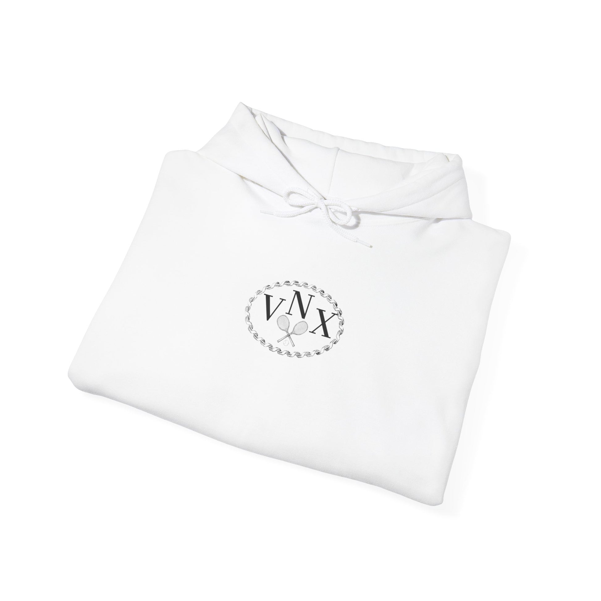 White VANDOX Tennis Court Hoodie with VNX Vandox logo and tennis court design and "Winners From Passion" slogan. Starboy old money hoodie sweatshirt clothes vandox sacrevandox vandox clothes vandox clothing