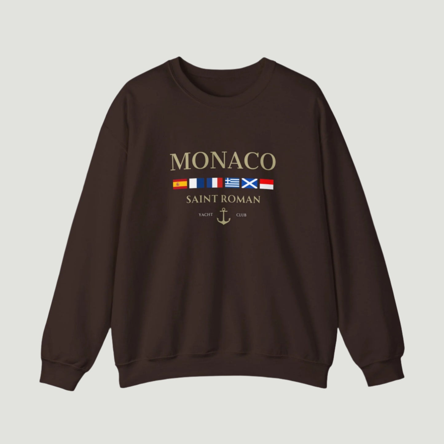 Dark Chocolate Brown Vandox Monaco Saint Roman Yacht Club crewneck featuring international maritime flags, gold lettering, and anchor detail—blending old money elegance with nautical style. Starboy old money hoodie sweatshirt clothes vandox sacrevandox vandox clothes vandox clothing