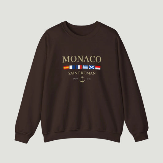 Dark Chocolate Brown Vandox Monaco Saint Roman Yacht Club crewneck featuring international maritime flags, gold lettering, and anchor detail—blending old money elegance with nautical style. Starboy old money hoodie sweatshirt clothes vandox sacrevandox vandox clothes vandox clothing