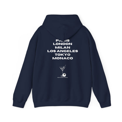 Navy Dark Blue Vandox Global Cities Fashion Hoodie with Paris, London, Milan, Los Angeles, Tokyo, Monaco text. Starboy old money hoodie sweatshirt clothes vandox sacrevandox vandox clothes vandox clothing autumn clothes fall clothes