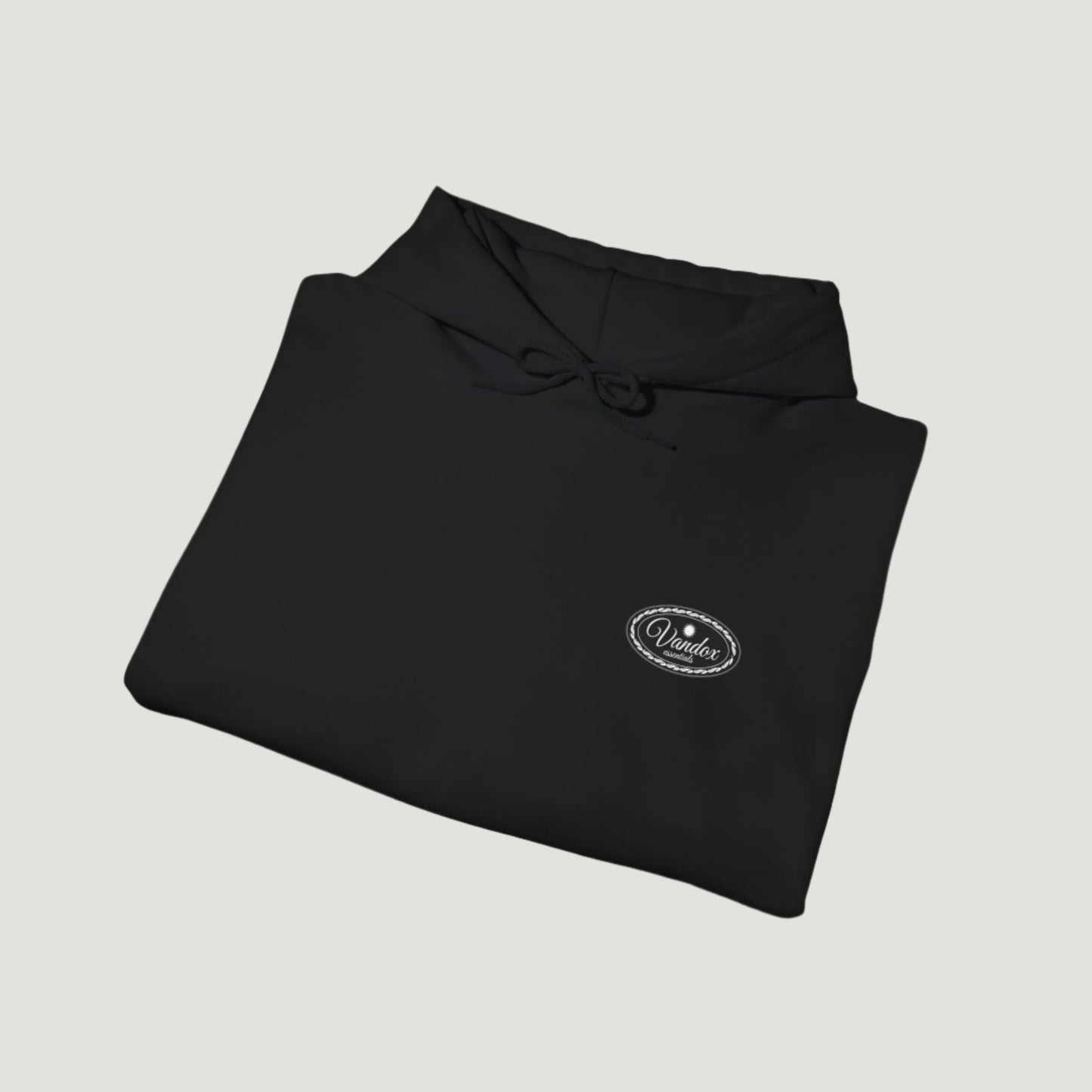 Deep Black Vandox Core Hoodie with a minimalist embroidered logo, designed for everyday luxury and timeless style. Starboy old money hoodie sweatshirt clothes vandox sacrevandox vandox clothes vandox clothing basic basics plain plain clothes basic clothes basic hoodie