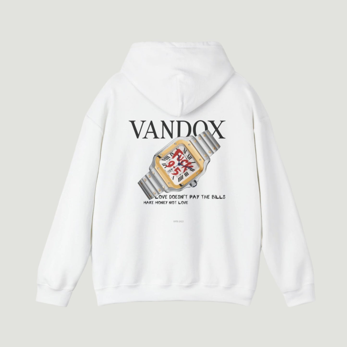 Eggshell white Vandox Break The Clock Hoodie featuring a luxury watch with a rebellious message, symbolizing financial freedom and starboy ambition. Starboy old money hoodie sweatshirt clothes vandox sacrevandox vandox clothes vandox clothing