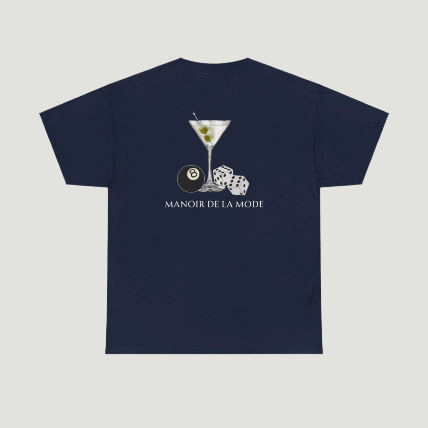 Navy dark blue graphic t-shirt with a martini glass, dice, and an 8-ball illustration, paired with "Manoir de la Mode" text beneath. Starboy old money shirt tshirt clothes vandox sacrevandox vandox clothes vandox clothing