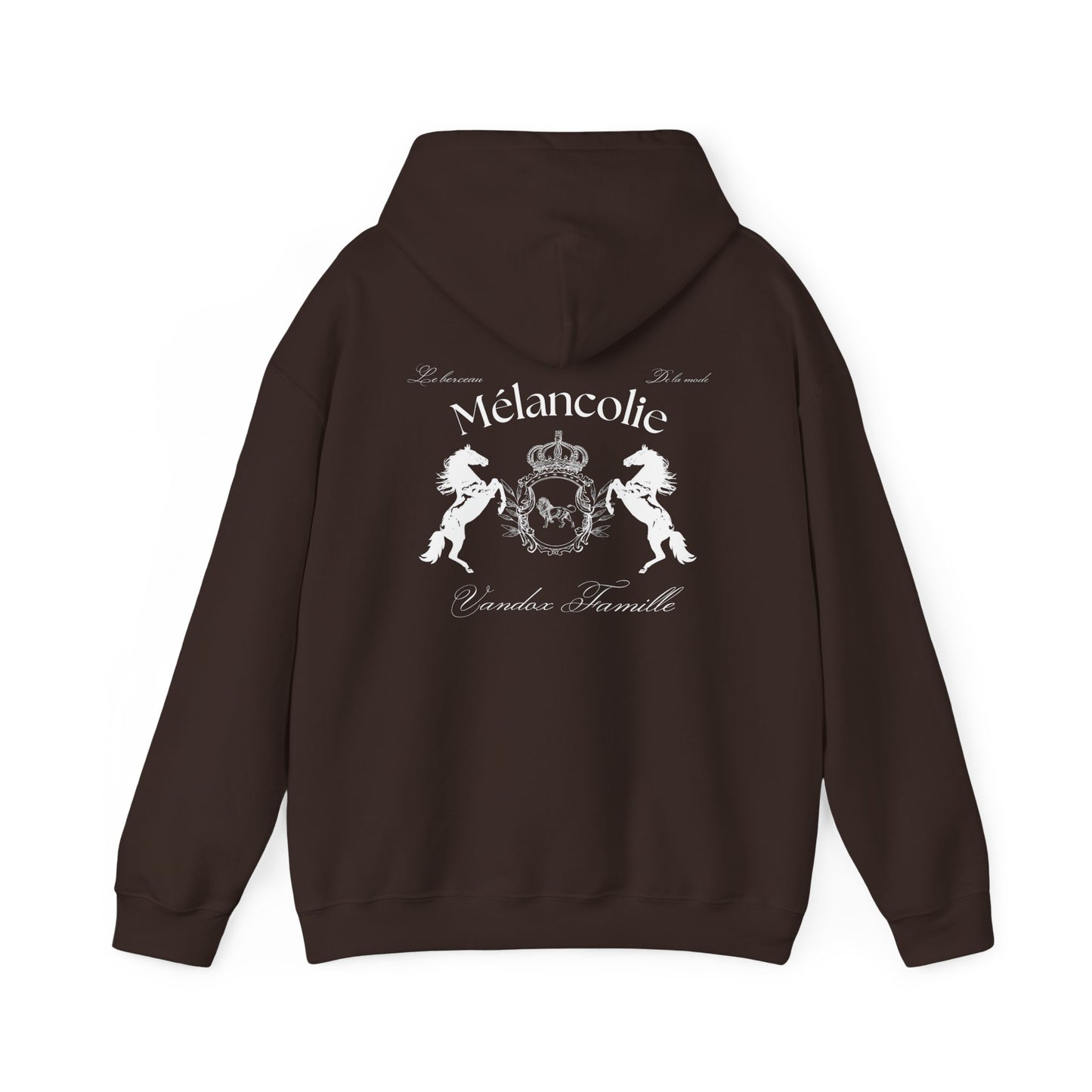 Dark Brown Chocolate Vandox Hoodie with regal crest, two horses, and "Mélancolie" and "Vandaux Famille" text on the back. Starboy old money hoodie sweatshirt clothes vandox sacrevandox vandox clothes vandox clothing