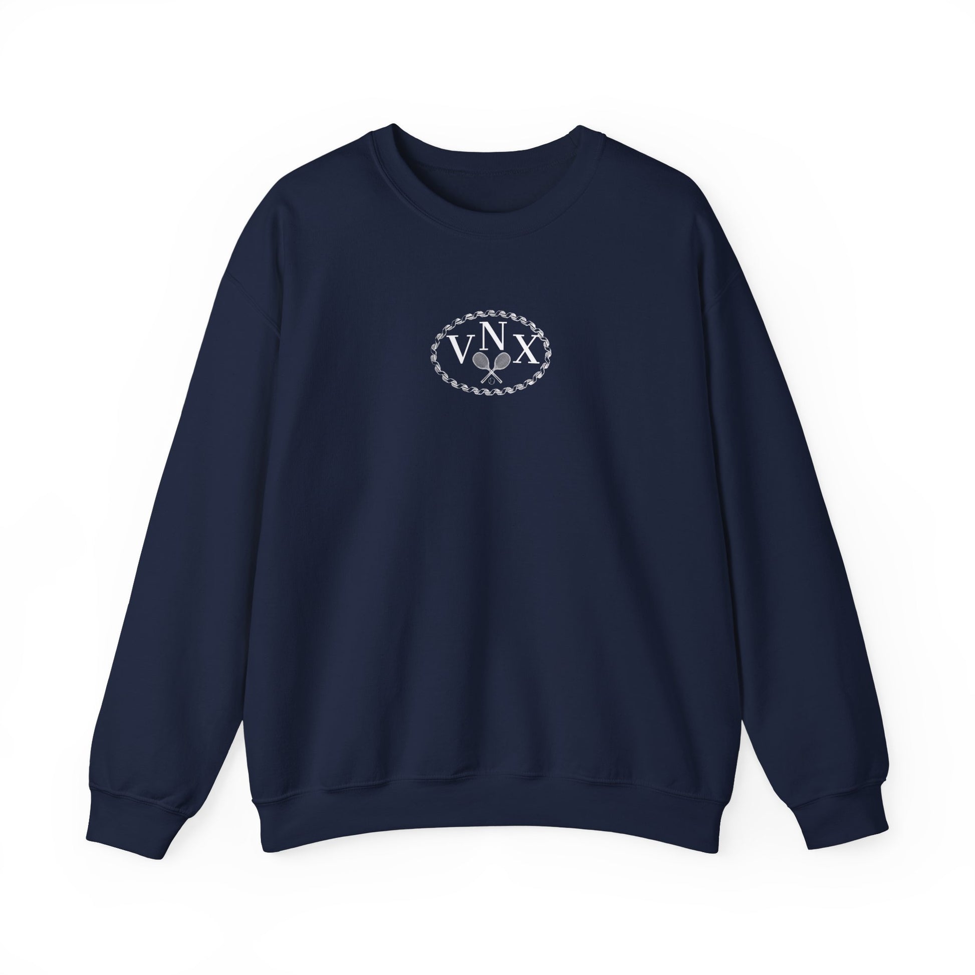 Navy Dark Blue VANDOX Tennis Court Crewneck with VNX Vandox logo and tennis court design and "Winners From Passion" slogan. Starboy old money hoodie sweatshirt clothes vandox sacrevandox vandox clothes vandox clothing crewneck