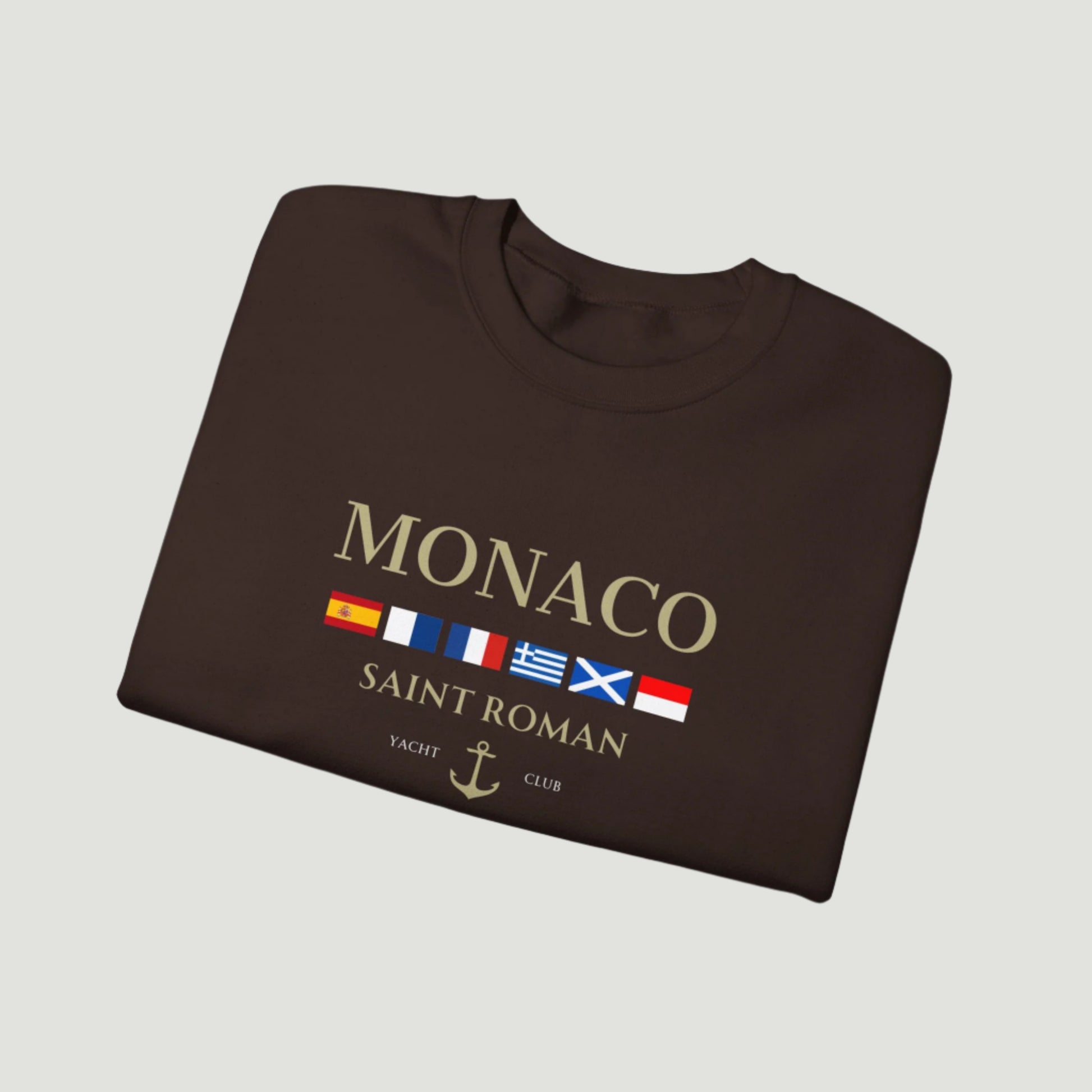 Dark Chocolate Brown Vandox Monaco Saint Roman Yacht Club crewneck featuring international maritime flags, gold lettering, and anchor detail—blending old money elegance with nautical style. Starboy old money hoodie sweatshirt clothes vandox sacrevandox vandox clothes vandox clothing
