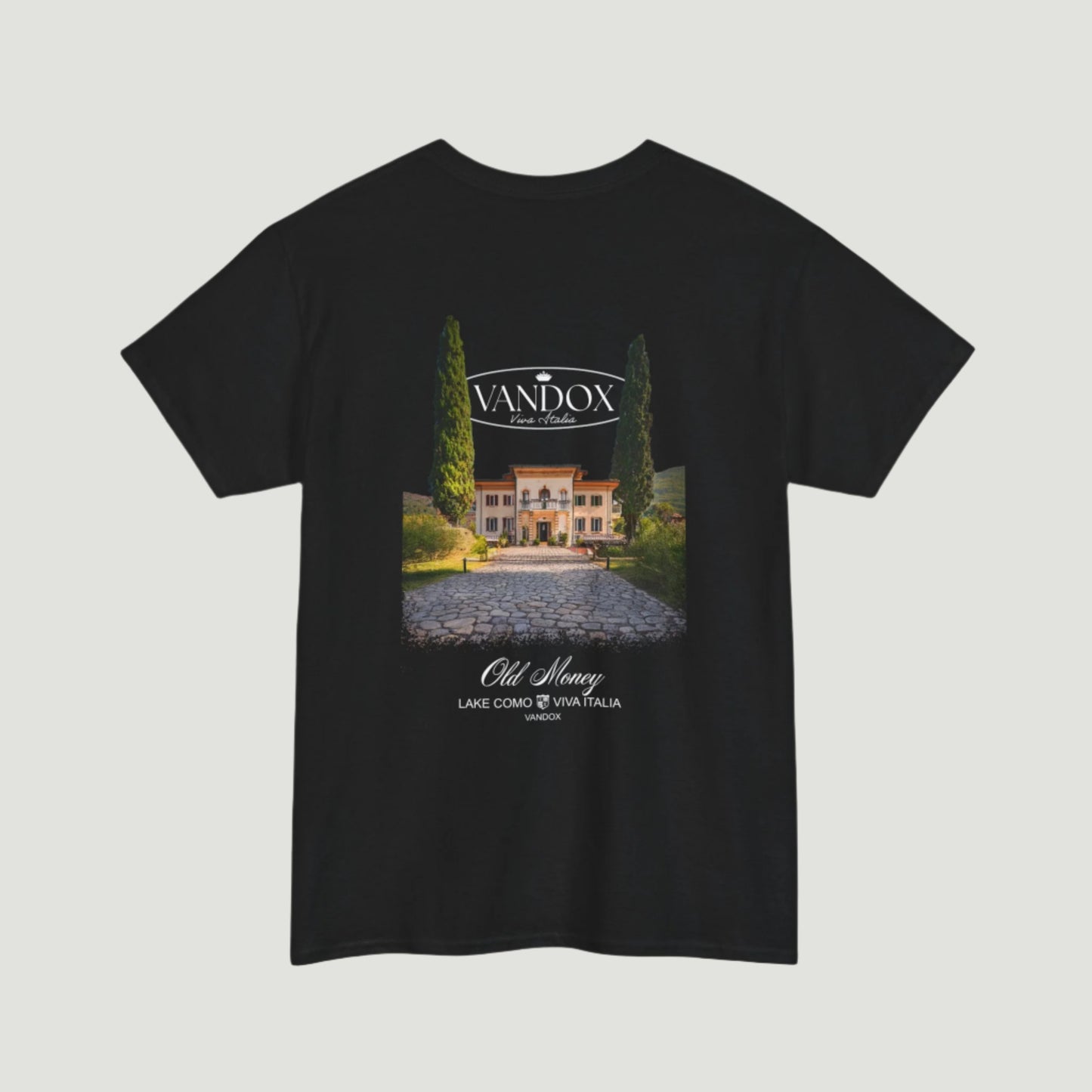 Deep Black Villa Fortune T-Shirt by Vandox featuring Lake Como villa graphic with "Old Money" text, part of the SS25 collection. Starboy old money shirt tshirt clothes vandox sacrevandox vandox clothes vandox clothing
