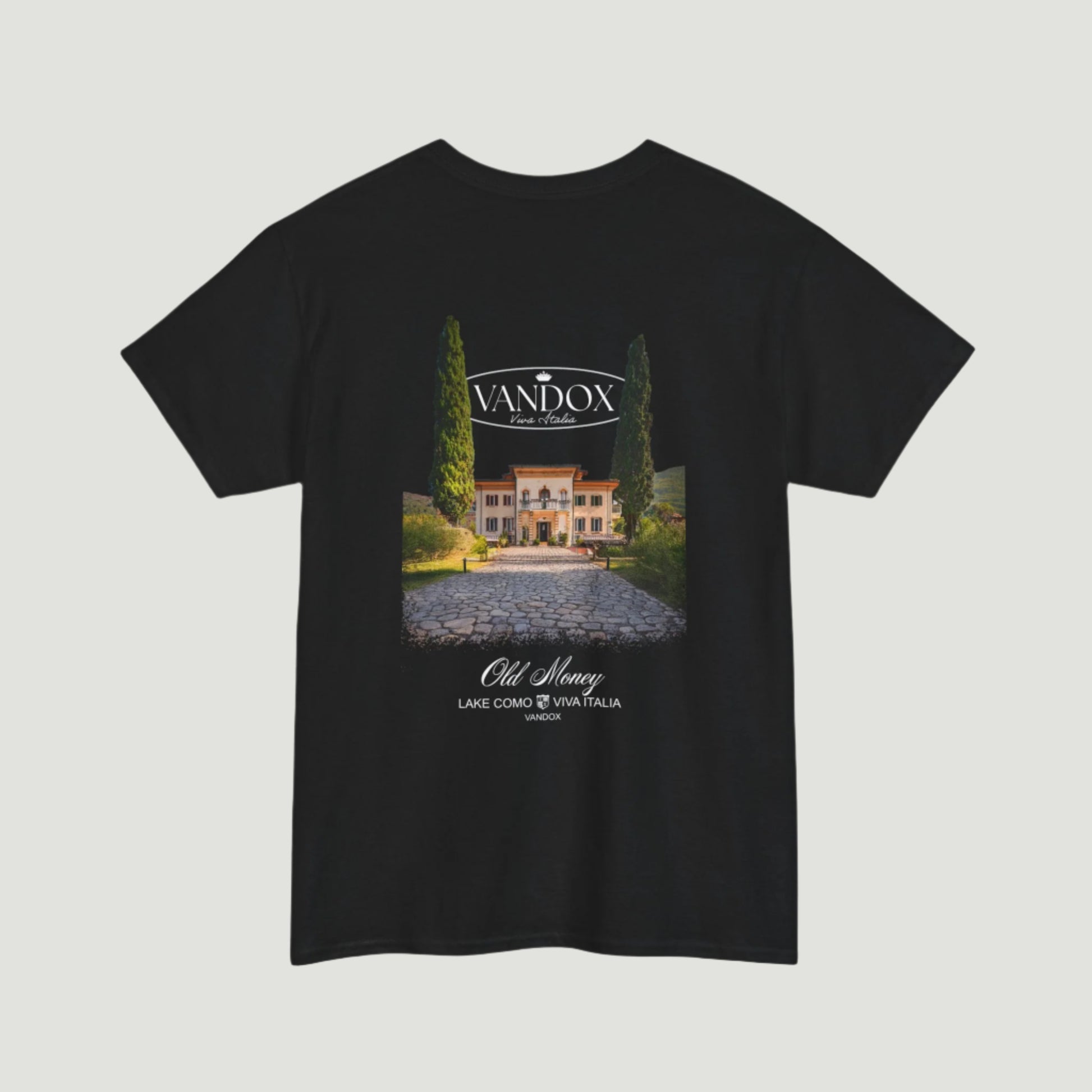 Deep Black Villa Fortune T-Shirt by Vandox featuring Lake Como villa graphic with "Old Money" text, part of the SS25 collection. Starboy old money shirt tshirt clothes vandox sacrevandox vandox clothes vandox clothing