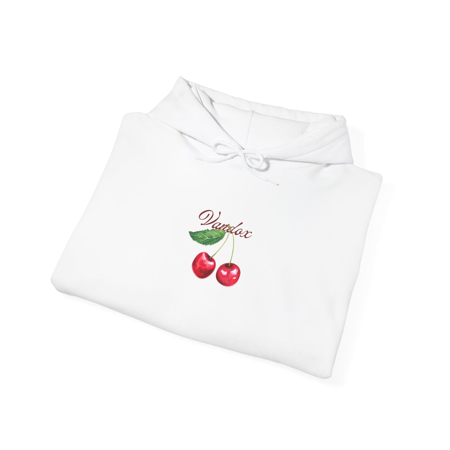 White Vandox hoodie front featuring an embroidered cherry graphic and Vandox logo; back of hoodie with a bold cherry illustration and elegant script. Starboy old money hoodie sweatshirt clothes vandox sacrevandox vandox clothes vandox clothing