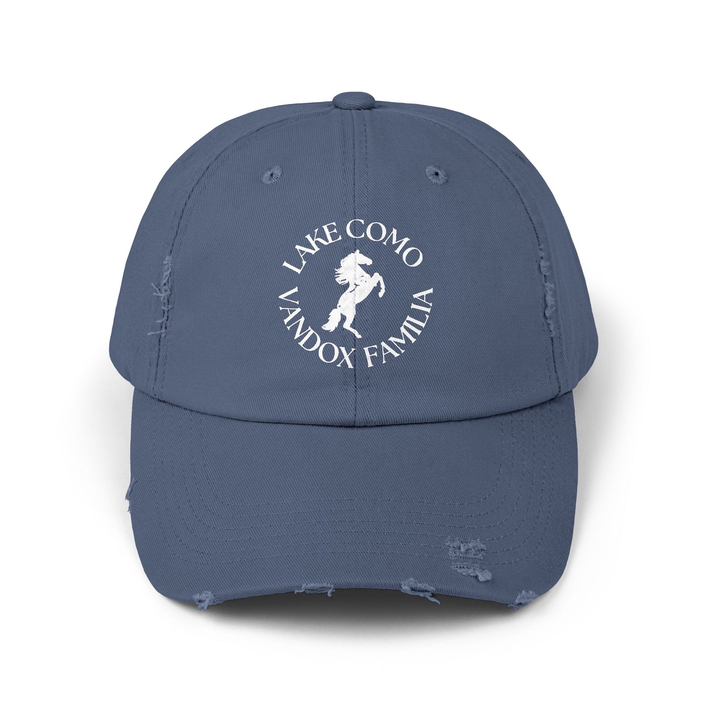 light baby blue Vandox Familia Hat with horse graphic surrounded by "Lake Como Vandox Familia" text. Hat Cap Baseball Cap Baseball Hat starboy hat old money hats vandox sacre vandox sacrevandox vandox clothing vintage distressed baseball hat