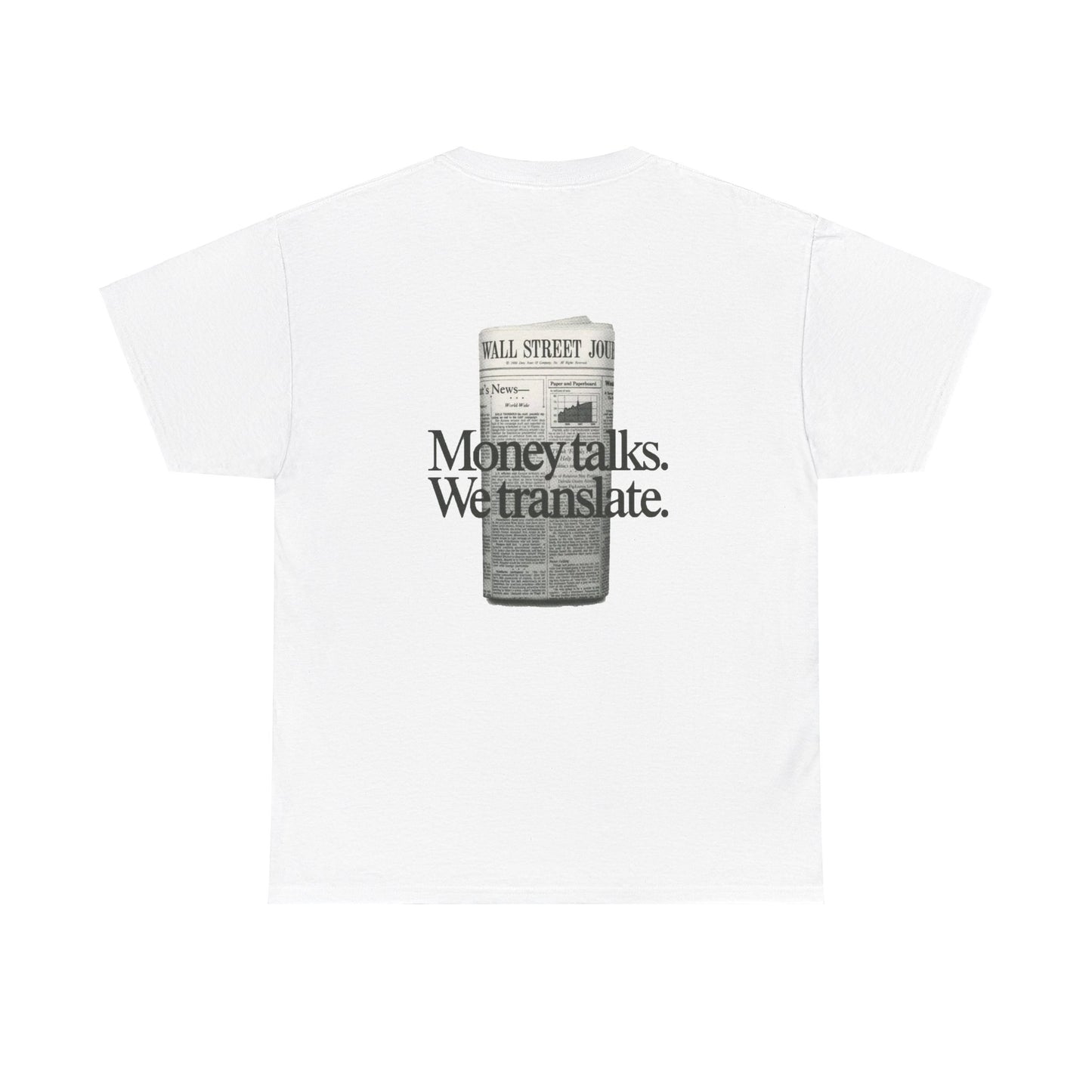 White Vandox T-shirt with "Money Talks We Translate" text and a newspaper graphic on the back. Starboy old money shirt tshirt clothes vandox sacrevandox vandox clothes vandox clothing