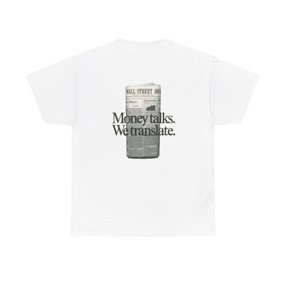 White Vandox T-shirt with "Money Talks We Translate" text and a newspaper graphic on the back. Starboy old money shirt tshirt clothes vandox sacrevandox vandox clothes vandox clothing