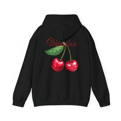 Black Vandox hoodie front featuring an embroidered cherry graphic and Vandox logo; back of hoodie with a bold cherry illustration and elegant script. Starboy old money hoodie sweatshirt clothes vandox sacrevandox vandox clothes vandox clothing