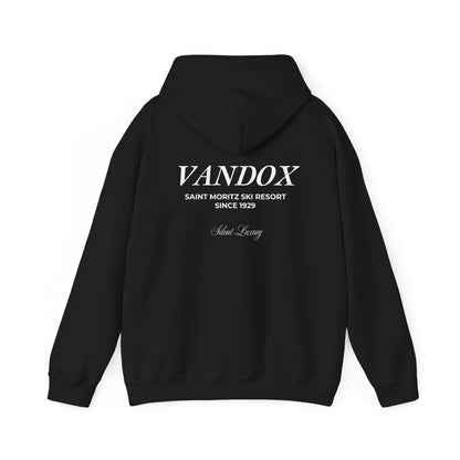 Black Vandox Hoodie with front text "ST. MORITZ SKI RESORT" and VANDOX saint moritz ski resort since 1929  silent luxury text on the back. Saint Moritz St. Moritz Monaco Ski resort skiing clothes winter clothing Starboy old money hoodie sweatshirt clothes vandox sacrevandox vandox clothes vandox clothing