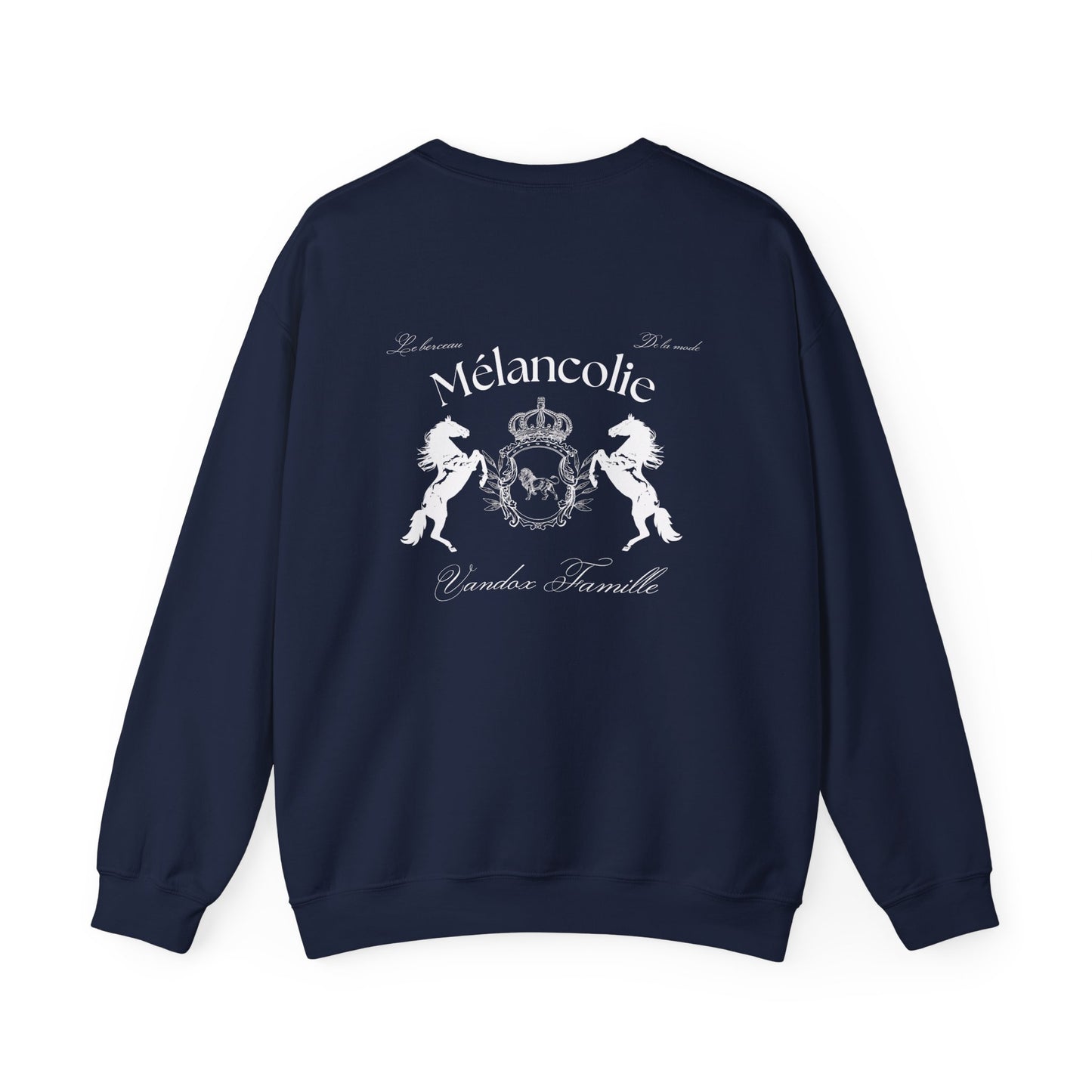 Navy Dark blue Vandox Hoodie with regal crest, two horses, and "Mélancolie" and "Vandox Famille" text on the back. Starboy old money hoodie sweatshirt clothes vandox sacrevandox vandox clothes vandox clothing crewneck autumn clothes no hood fall clothes 