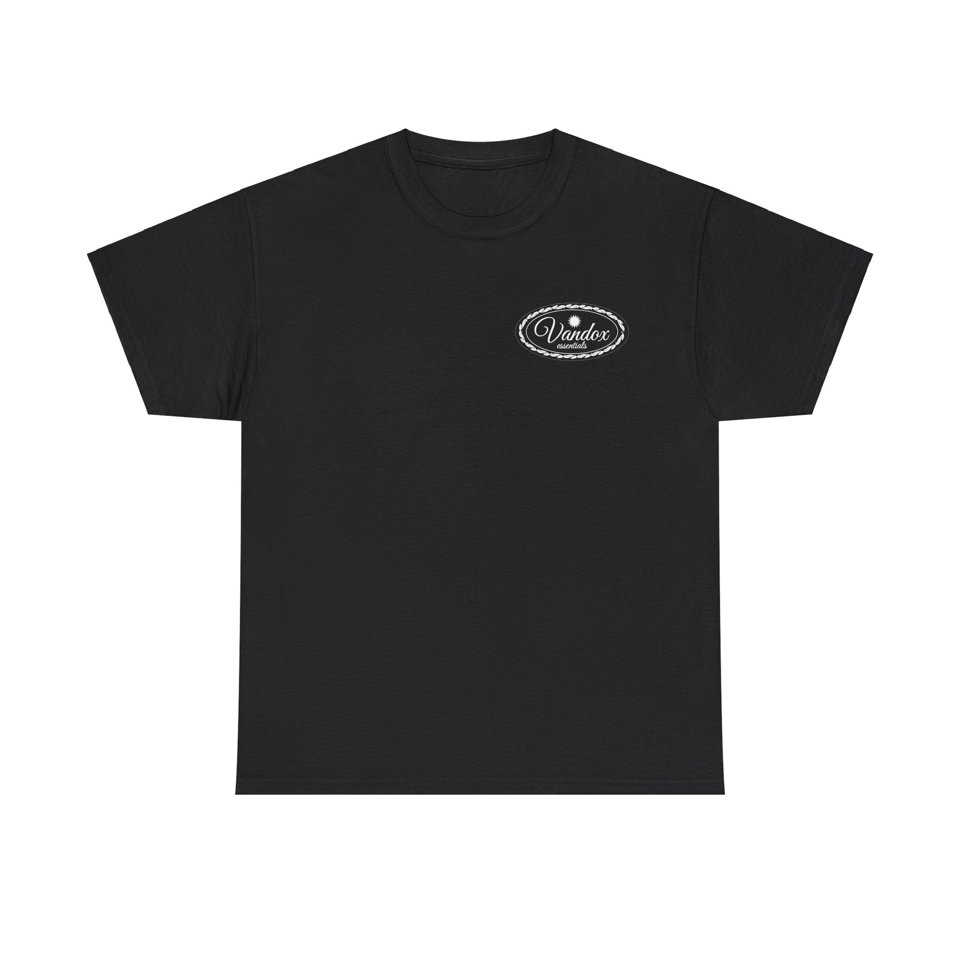 Black Vandox Essential crest T-shirt featuring a small black-and-white logo on the front chest and a bold green oval logo design on the back, crafted from soft, breathable cotton. Starboy old money shirt tshirt clothes vandox sacrevandox vandox clothes vandox clothing