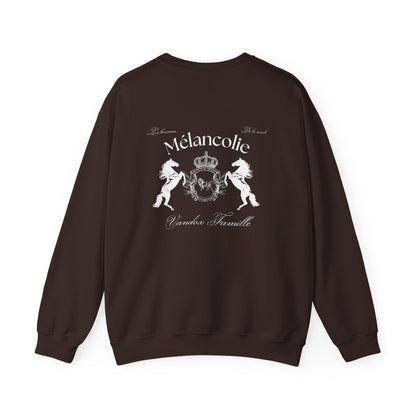 Dark chocolate brown Vandox Hoodie with regal crest, two horses, and "Mélancolie" and "Vandox Famille" text on the back. Starboy old money hoodie sweatshirt clothes vandox sacrevandox vandox clothes vandox clothing crewneck autumn clothes no hood fall clothes 