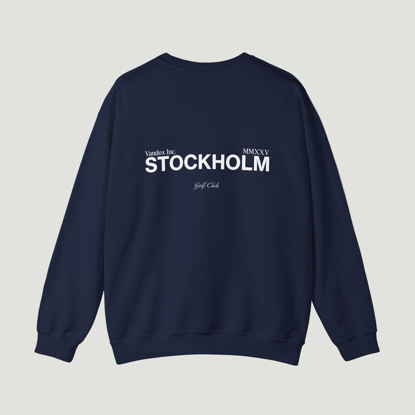 Back view of the Dark Blue Navy Vandox Stockholm Crewneck featuring bold “STOCKHOLM” and “Vandox Inc. MMXXV Golf Club” text. Starboy old money hoodie sweatshirt clothes vandox sacrevandox vandox clothes vandox clothing crewneck 