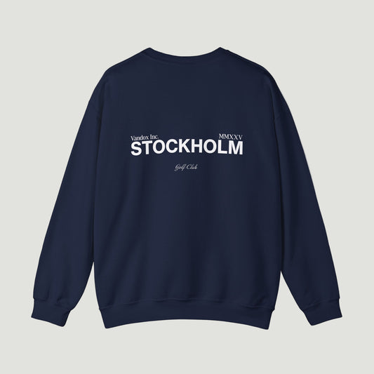 Back view of the Dark Blue Navy Vandox Stockholm Crewneck featuring bold “STOCKHOLM” and “Vandox Inc. MMXXV Golf Club” text. Starboy old money hoodie sweatshirt clothes vandox sacrevandox vandox clothes vandox clothing crewneck 