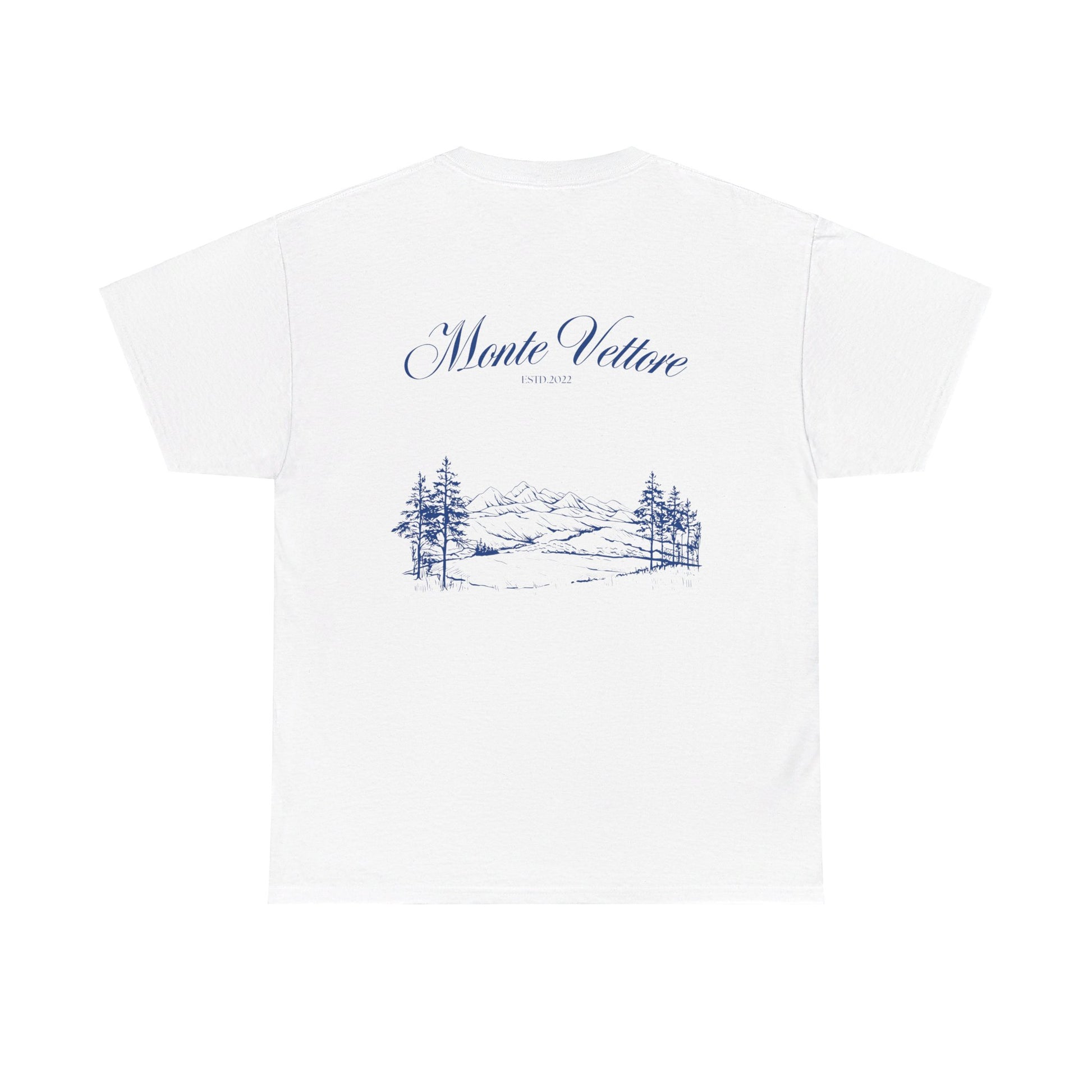 White Vandox T-shirt with Monte Vettore landscape and 'Monte Vettore' text. Starboy old money shirt tshirt clothes vandox sacrevandox vandox clothes vandox clothing