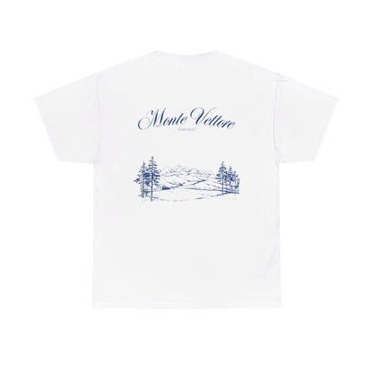 White Vandox T-shirt with Monte Vettore landscape and 'Monte Vettore' text. Starboy old money shirt tshirt clothes vandox sacrevandox vandox clothes vandox clothing