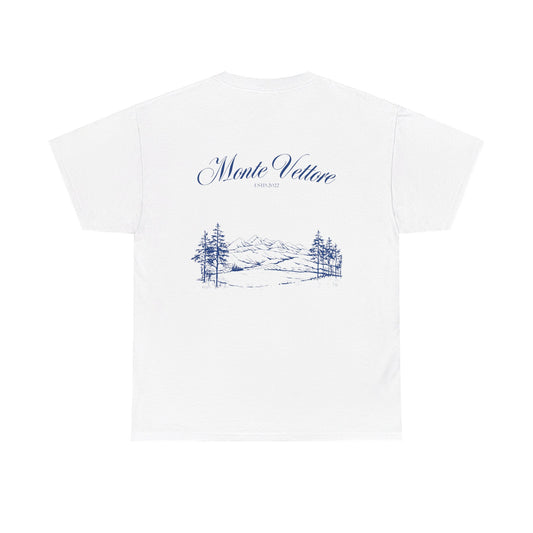 White Vandox T-shirt with Monte Vettore landscape and 'Monte Vettore' text. Starboy old money shirt tshirt clothes vandox sacrevandox vandox clothes vandox clothing