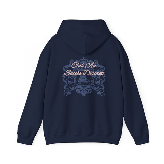 Dark blue navy Vandox hoodie featuring a family crest design with ornate detailing, 'Club Au Succès Discret' Success Club text, and 'Vandox EST MMXX' emblem on the back. Starboy old money hoodie sweatshirt clothes vandox sacrevandox vandox clothes vandox clothing