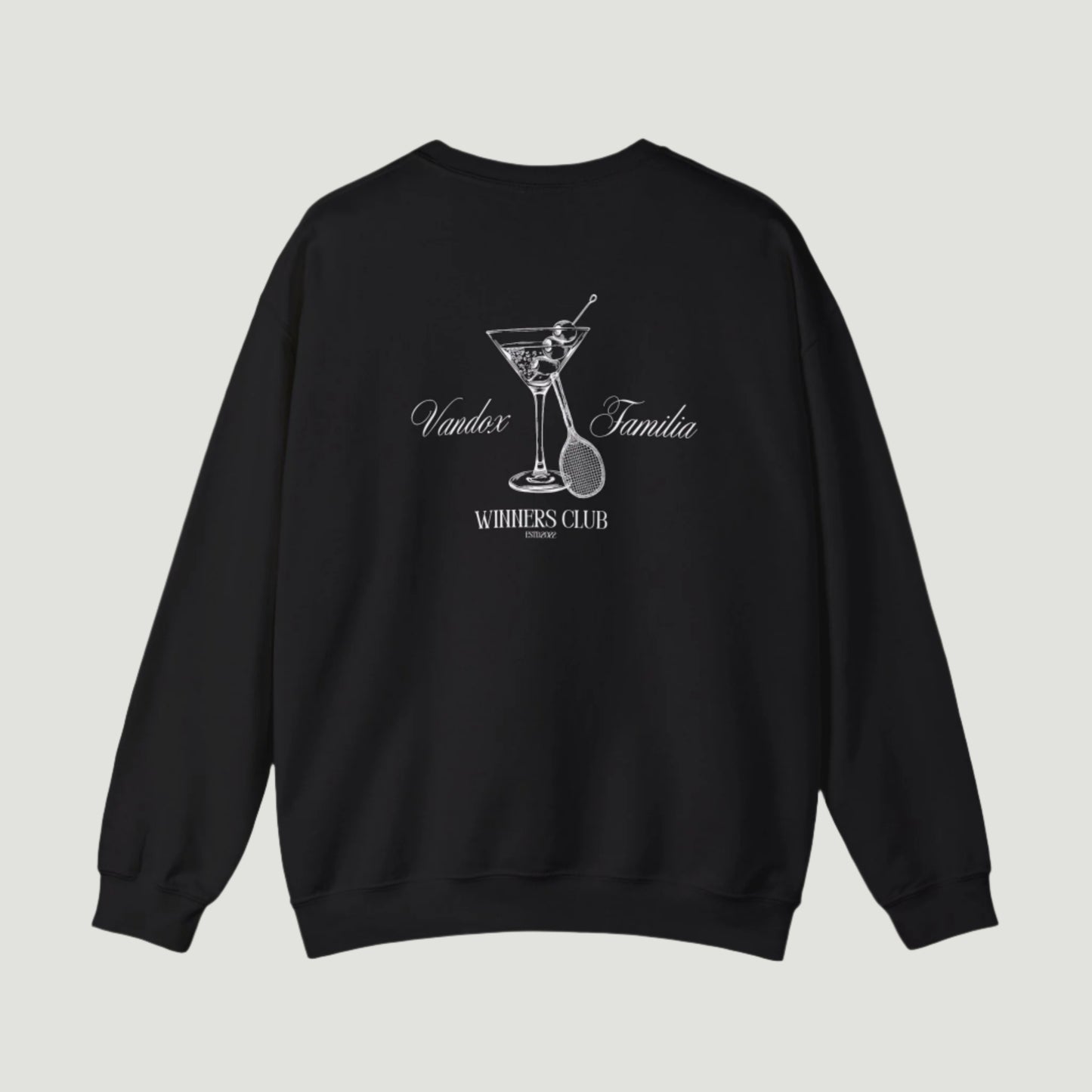 Black Vandox Martini Crewneck featuring a detailed martini glass and "Winners Club" design on the back, perfect for stylish fall wear. Starboy old money hoodie sweatshirt clothes vandox sacrevandox vandox clothes vandox clothing crewneck