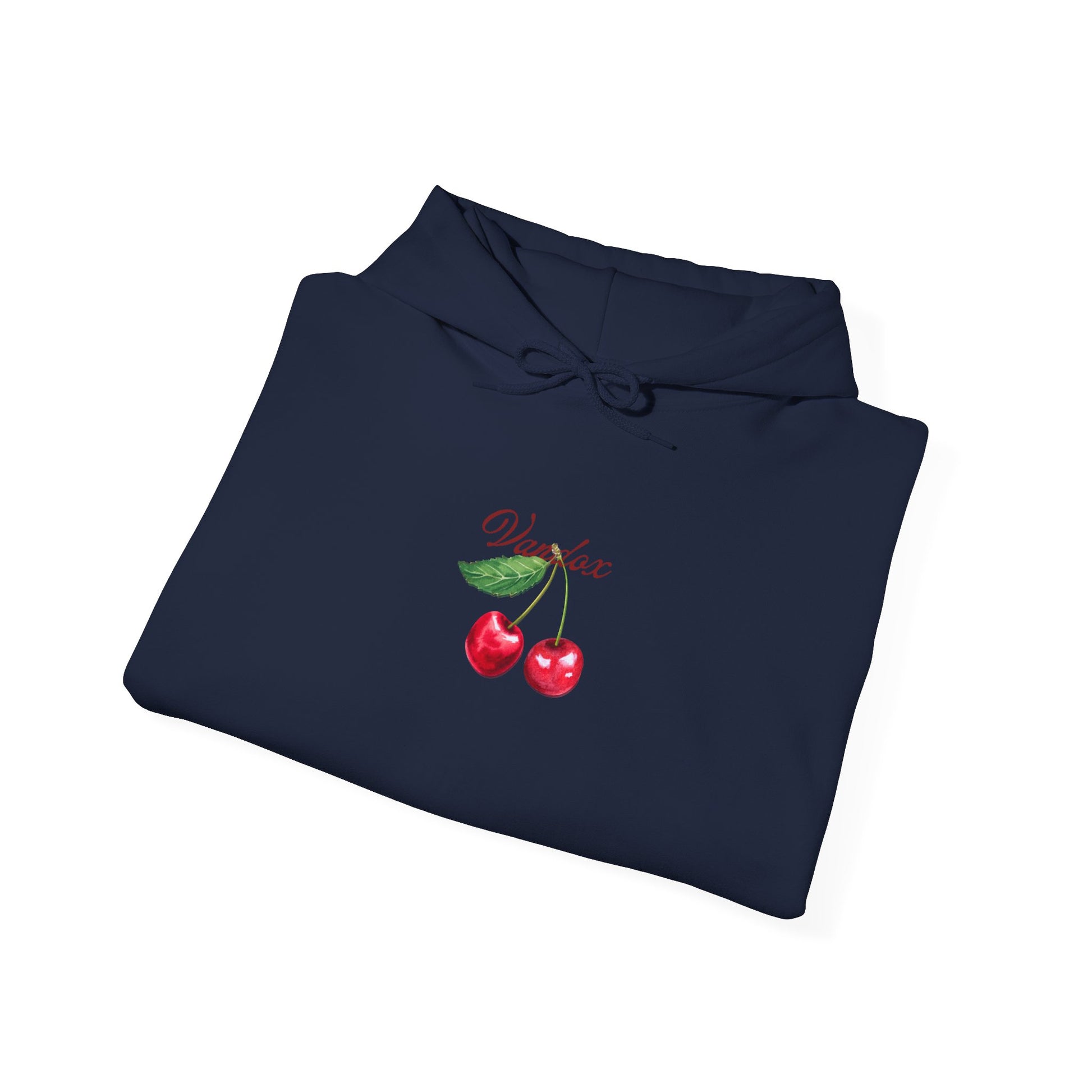 Navy dark blue Vandox hoodie front featuring an embroidered cherry graphic and Vandox logo; back of hoodie with a bold cherry illustration and elegant script. Starboy old money hoodie sweatshirt clothes vandox sacrevandox vandox clothes vandox clothing