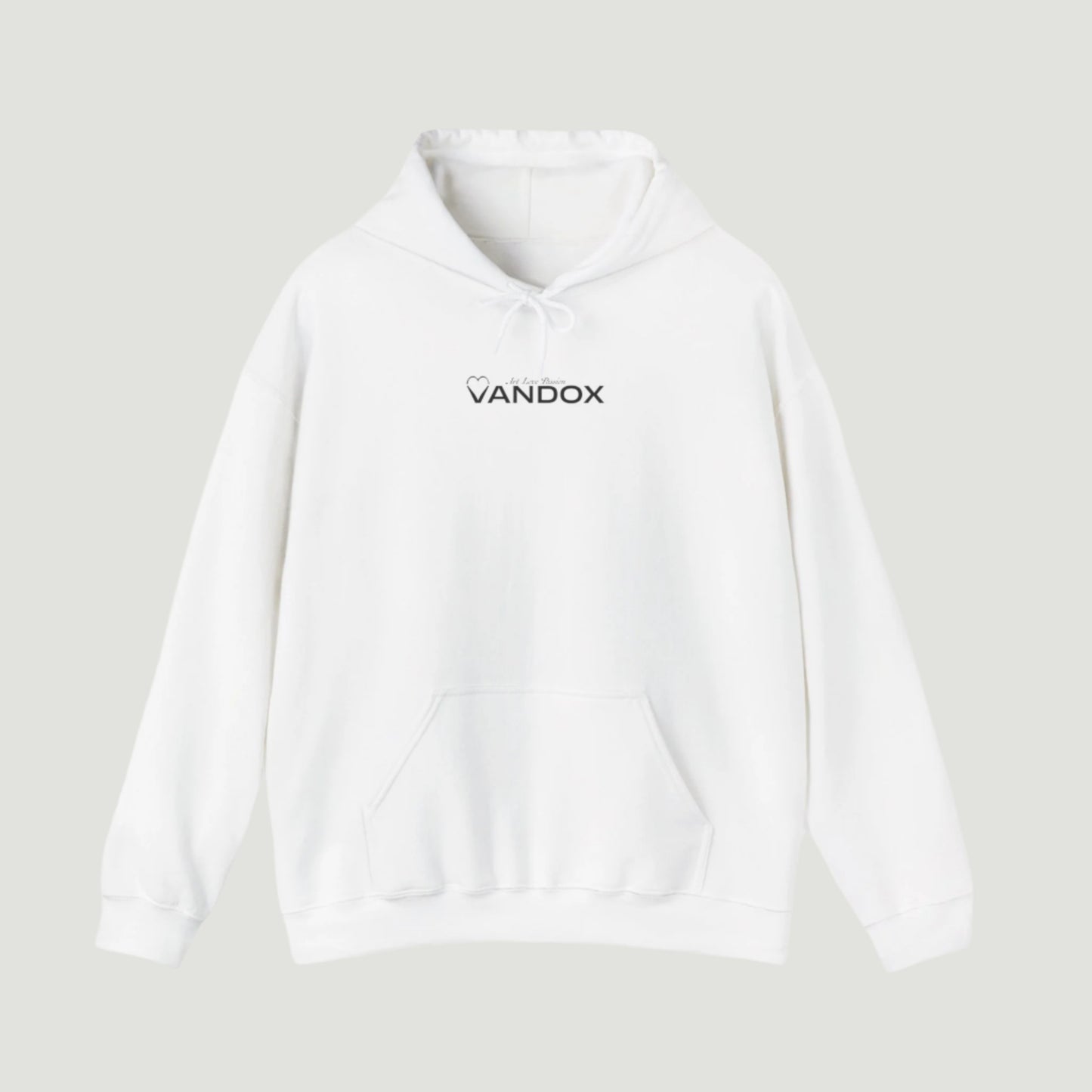 Eggshell White Vandox Signature Hoodie featuring classic logo print and “À la Love Divine” tagline, part of the SS25 quiet luxury collection. Starboy old money hoodie sweatshirt clothes vandox sacrevandox vandox clothes vandox clothing
