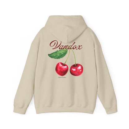 Sand cream tan beige Vandox hoodie front featuring an embroidered cherry graphic and Vandox logo; back of hoodie with a bold cherry illustration and elegant script. Starboy old money hoodie sweatshirt clothes vandox sacrevandox vandox clothes vandox clothing