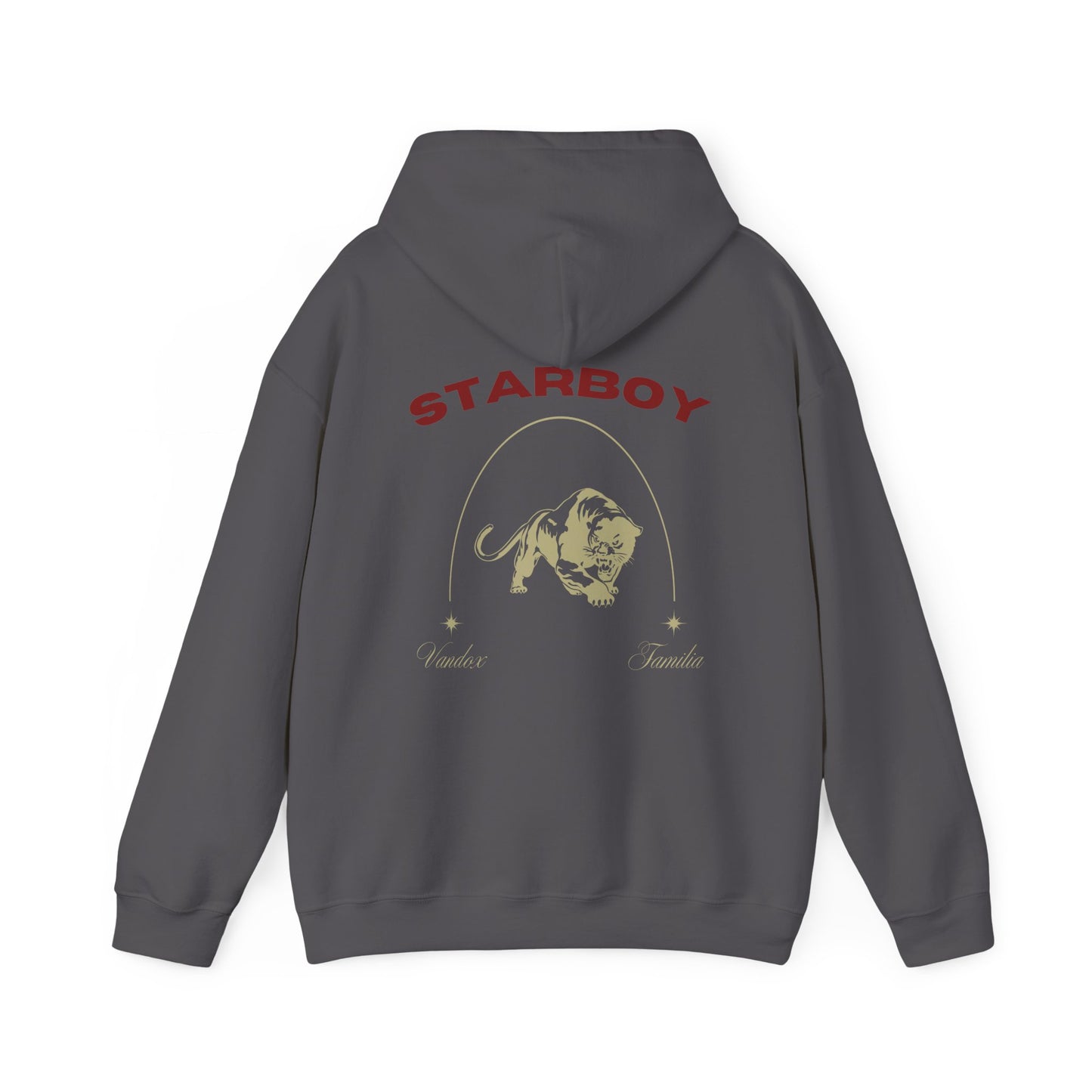 Sport Dark Grey Vandox Hoodie with STARBOY on the back, golden lion surrounded by a majestic golden arch, and a small golden logo featuring a star, and text 'vandox familia starboy essential'. Starboy old money hoodie sweatshirt clothes vandox sacrevandox vandox clothes vandox clothing crewneck