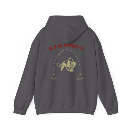 Sport Dark Grey Vandox Hoodie with STARBOY on the back, golden lion surrounded by a majestic golden arch, and a small golden logo featuring a star, and text 'vandox familia starboy essential'. Starboy old money hoodie sweatshirt clothes vandox sacrevandox vandox clothes vandox clothing crewneck