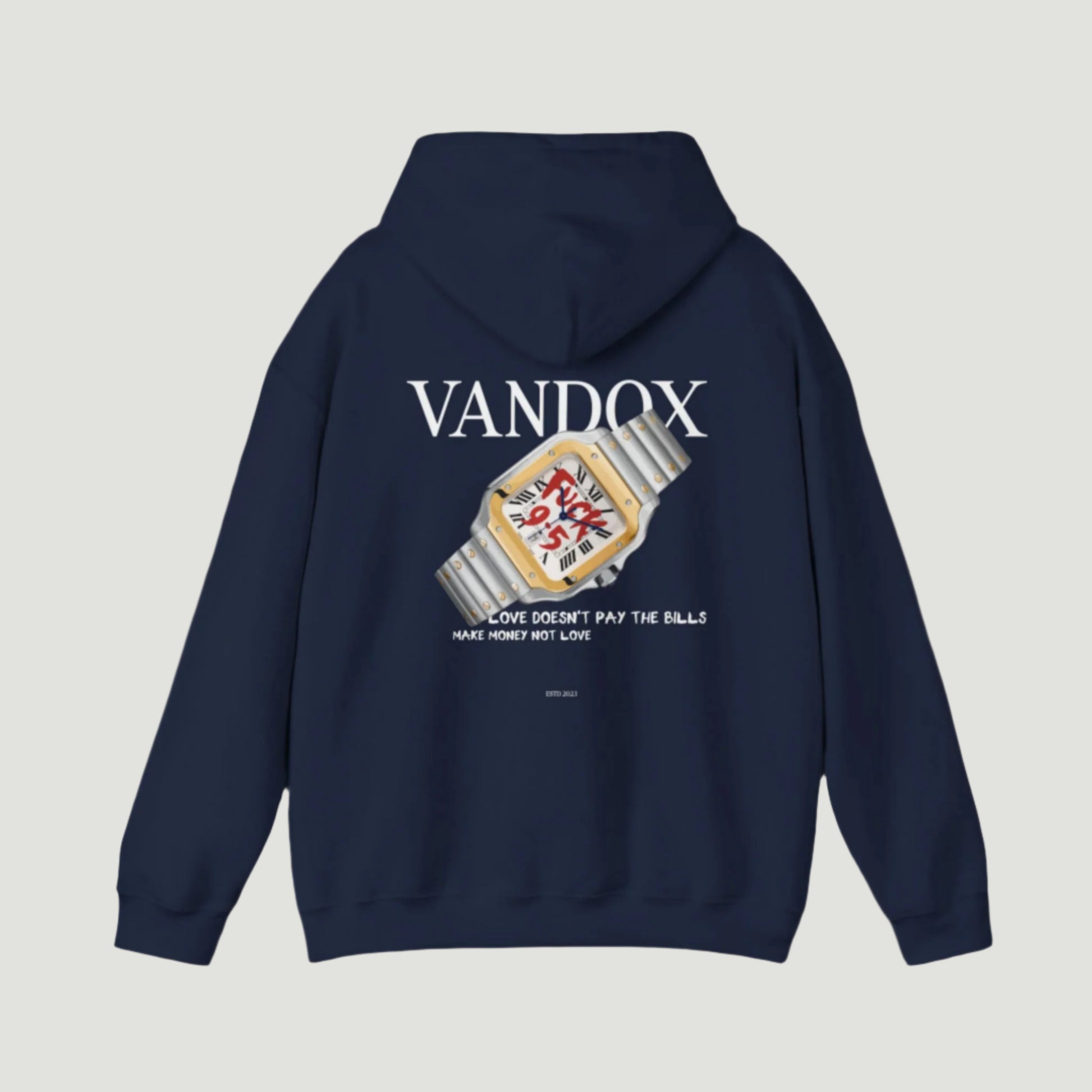 Dark Navy Deep Blue Vandox Break The Clock Hoodie featuring a luxury watch with a rebellious message, symbolizing financial freedom and starboy ambition. Starboy old money hoodie sweatshirt clothes vandox sacrevandox vandox clothes vandox clothing