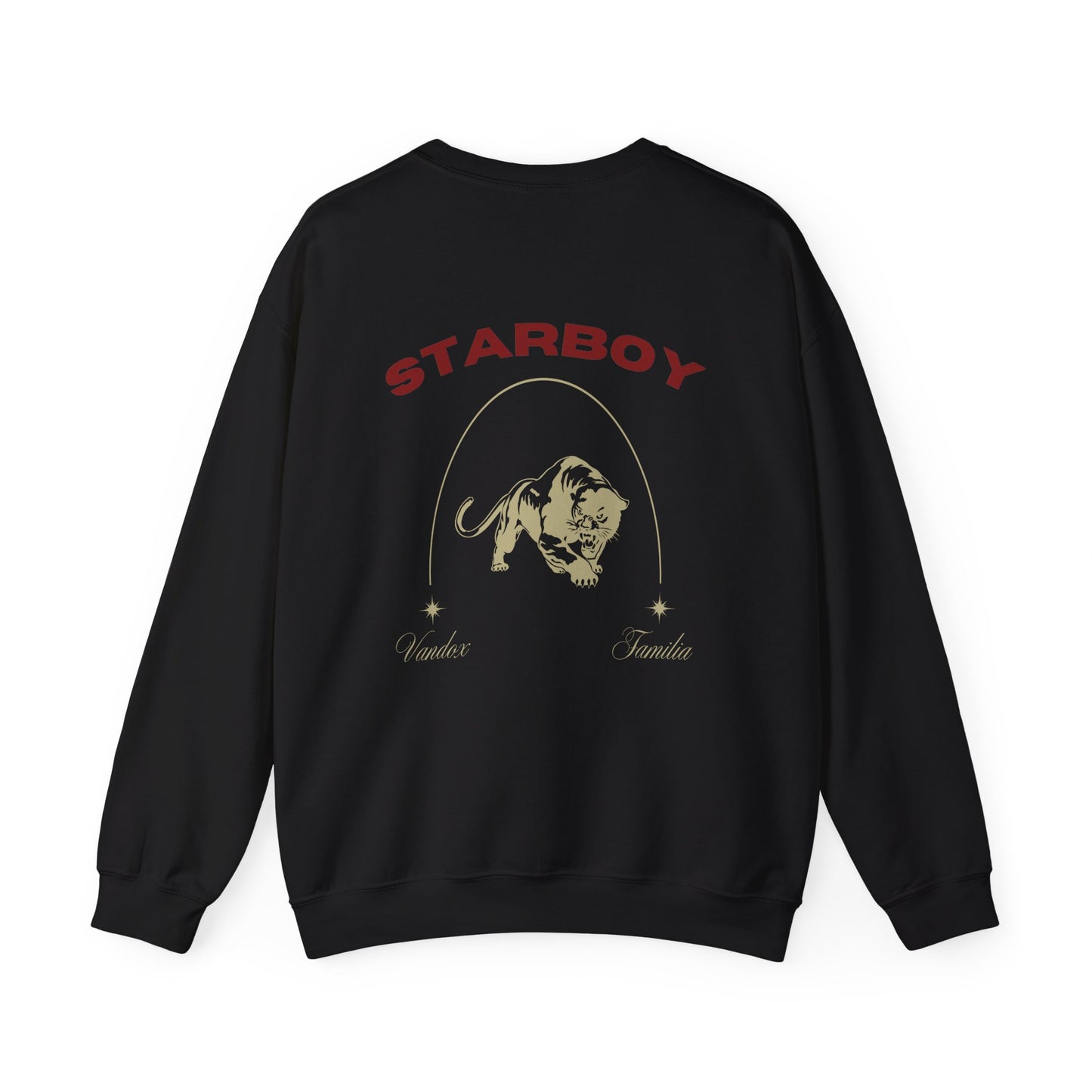 Black Vandox Crewneck with STARBOY on the back, golden lion surrounded by a majestic golden arch, and a small golden logo featuring a star, and text 'vandox familia starboy essential'. Starboy old money hoodie sweatshirt clothes vandox sacrevandox vandox clothes vandox clothing crewneck