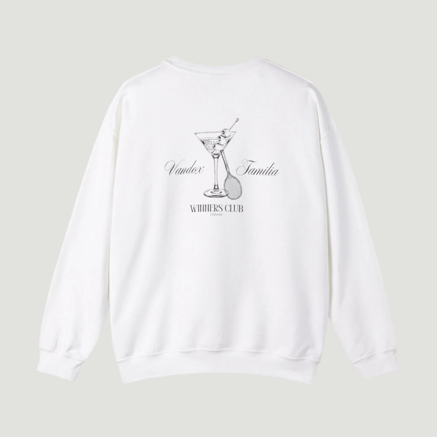 White Vandox Martini Crewneck featuring a detailed martini glass and "Winners Club" design on the back, perfect for stylish fall wear. Starboy old money hoodie sweatshirt clothes vandox sacrevandox vandox clothes vandox clothing crewneck