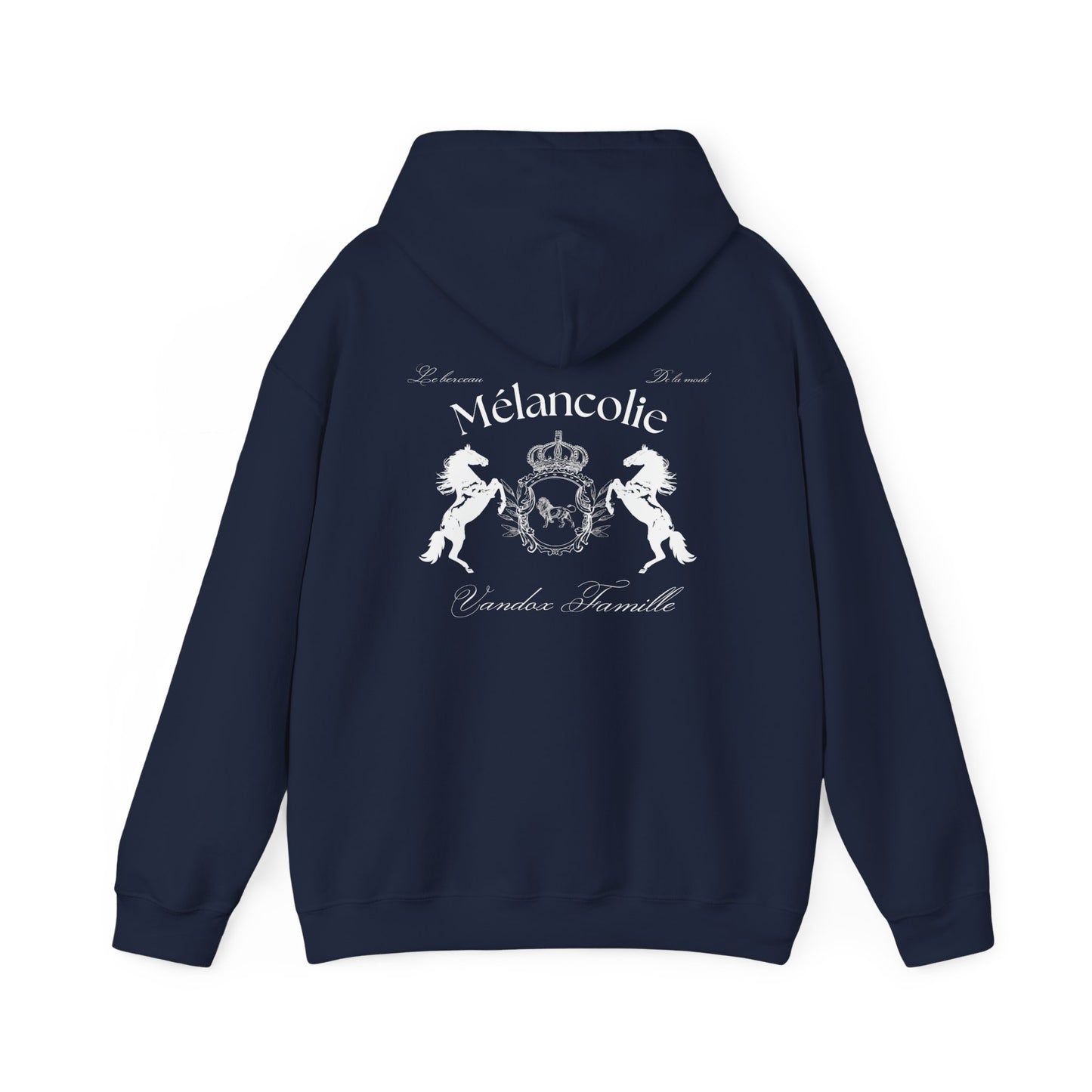 Navy Vandox Hoodie with regal crest, two horses, and "Mélancolie" and "Vandaux Famille" text on the back. Starboy old money hoodie sweatshirt clothes vandox sacrevandox vandox clothes vandox clothing