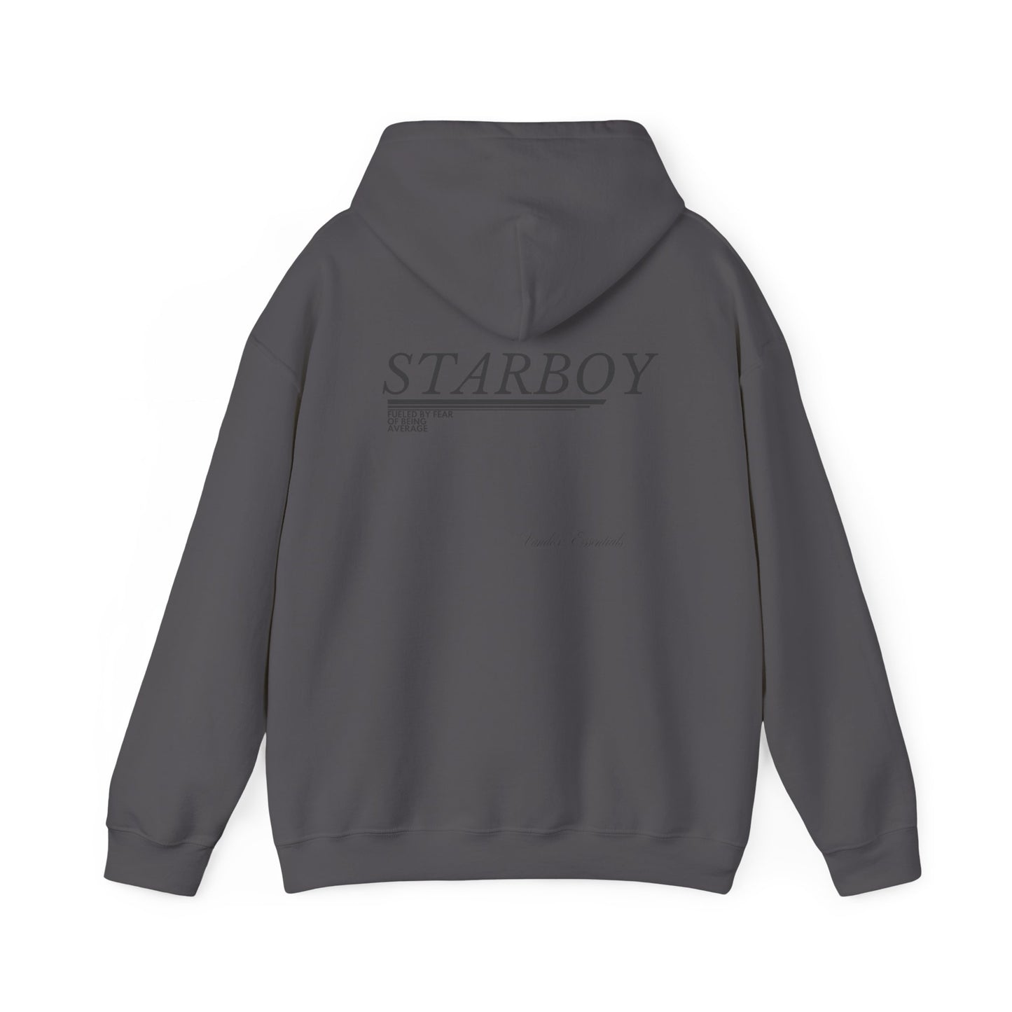 Sport Dark Grey Charcoal Vandox Starboy hoodie with minimalist black text design and "Vander Essentials" branding on the back, ideal for casual and stylish streetwear looks. Starboy old money hoodie sweatshirt clothes vandox sacrevandox vandox clothes vandox clothing