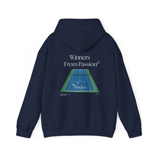 Navy VANDOX Tennis Court Hoodie with VNX Vandox logo and tennis court design and "Winners From Passion" slogan. Starboy old money hoodie sweatshirt clothes vandox sacrevandox vandox clothes vandox clothing