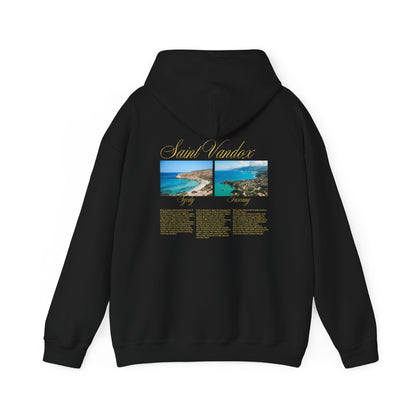 Black hoodie featuring "Saint Vandox" in gold script, with images of Sardinia and Tuscany beaches and detailed descriptions on the back, offering a luxurious, travel-inspired design. Starboy old money hoodie sweatshirt clothes vandox sacrevandox vandox clothes vandox clothing