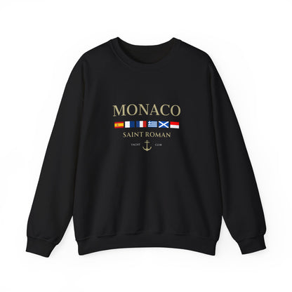 Black Vandox Monaco Saint Roman Yacht Club crewneck with international flags and anchor graphic on the front and crossed nautical flags with "Yacht Club" on the back. Starboy old money hoodie sweatshirt clothes vandox sacrevandox vandox clothes vandox clothing crewneck