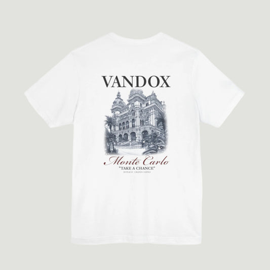 Eggshell White Cream High Stakes T-Shirt by Vandox with detailed Monte Carlo Grand Casino graphic and “Take a Chance” text, part of the SS25 collection.  Starboy old money shirt tshirt clothes vandox sacrevandox vandox clothes vandox clothing