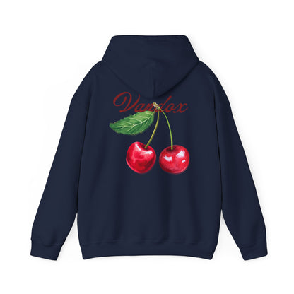 Navy dark blue Vandox hoodie front featuring an embroidered cherry graphic and Vandox logo; back of hoodie with a bold cherry illustration and elegant script. Starboy old money hoodie sweatshirt clothes vandox sacrevandox vandox clothes vandox clothing