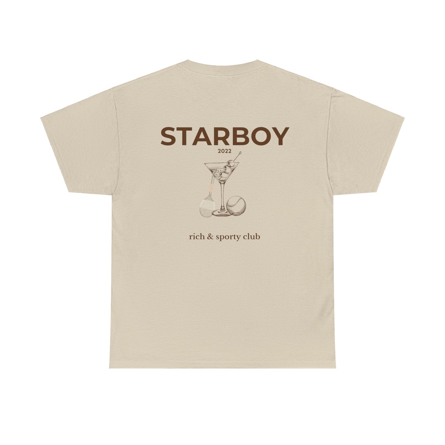 Light beige T-shirt with "Starboy 2022" text in brown, featuring a martini glass and tennis ball graphic, perfect for casual and sporty luxury looks. Starboy old money shirt tshirt clothes vandox sacrevandox vandox clothes vandox clothing