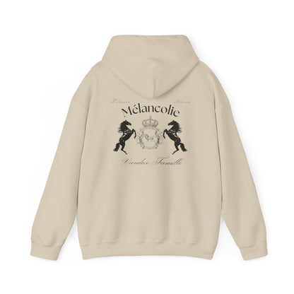 Cream Sand Vandox Hoodie with regal crest, two horses, and "Mélancolie" and "Vandaux Famille" text on the back. Starboy old money hoodie sweatshirt clothes vandox sacrevandox vandox clothes vandox clothing