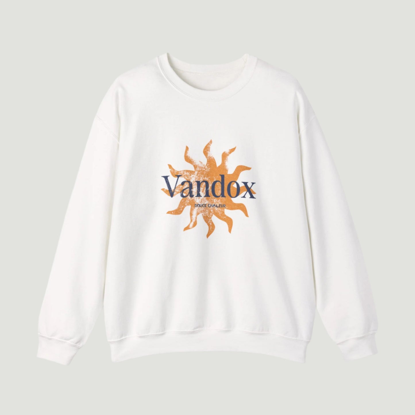 Eggshell White Vandox Azure Heat Crewneck featuring a sunburst graphic and “Douce Chaleur” text, inspired by Mediterranean summer luxury. Starboy old money hoodie sweatshirt clothes vandox sacrevandox vandox clothes vandox clothing crewneck
