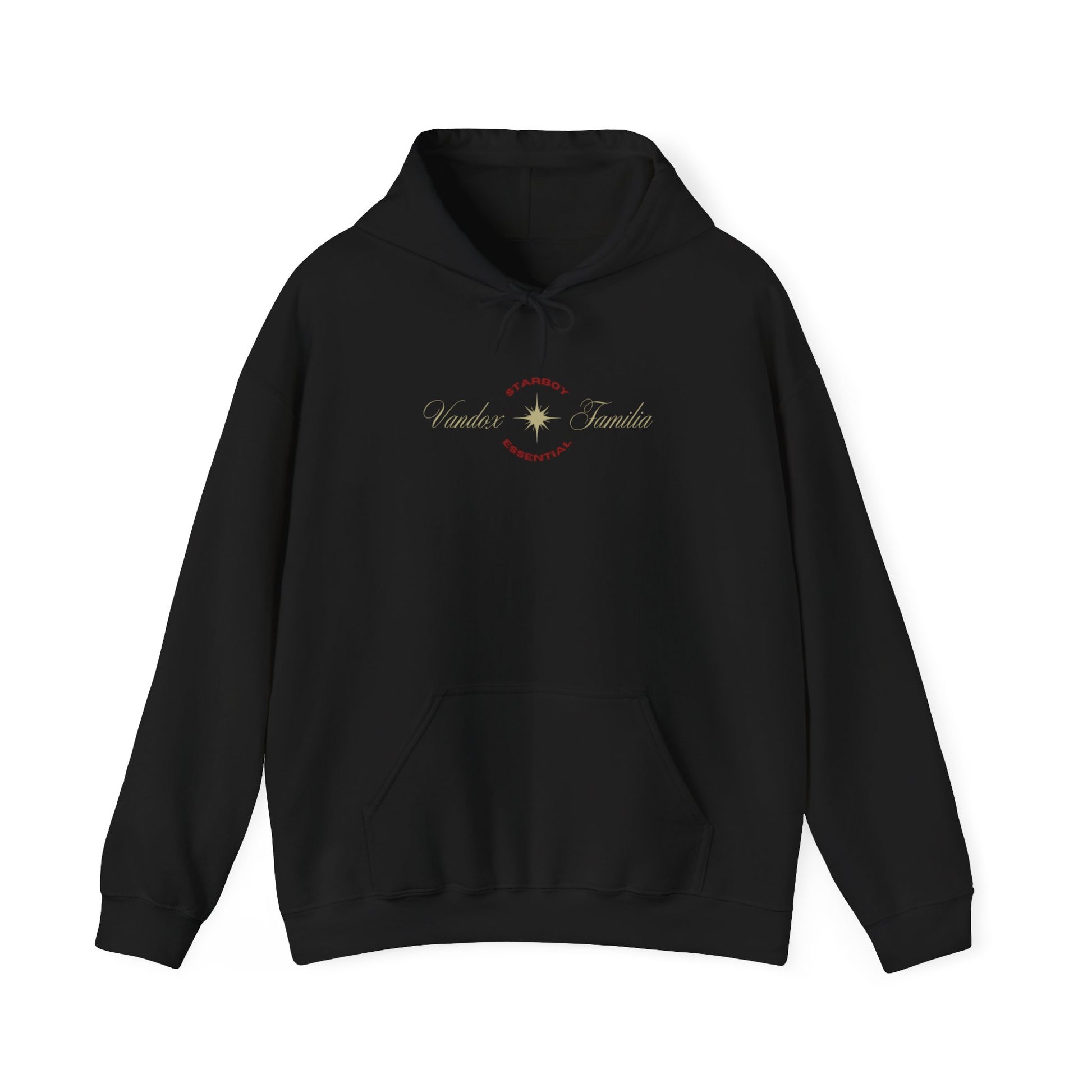 Black Vandox Hoodie with STARBOY on the back, golden lion surrounded by a majestic golden arch, and a small golden logo featuring a star, and text 'vandox familia starboy essential'. Starboy old money hoodie sweatshirt clothes vandox sacrevandox vandox clothes vandox clothing crewneck