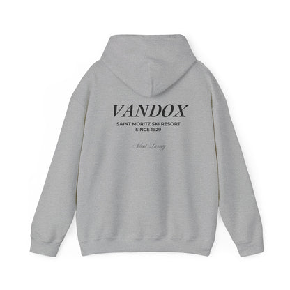 Sport Grey Vandox Hoodie with front text "ST. MORITZ SKI RESORT" and VANDOX saint moritz ski resort since 1929  silent luxury text on the back. Saint Moritz St. Moritz Monaco Ski resort skiing clothes winter clothing Starboy old money hoodie sweatshirt clothes vandox sacrevandox vandox clothes vandox clothing